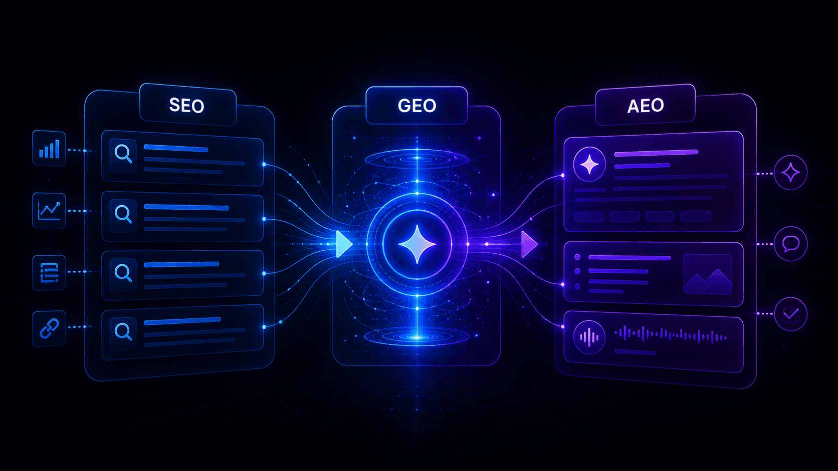 Futuristic dark-mode illustration comparing SEO, GEO, and AEO, showing a central glowing GEO hub between a search-oriented SEO panel and an answer-oriented AEO panel, connected by flowing blue and purple data streams.