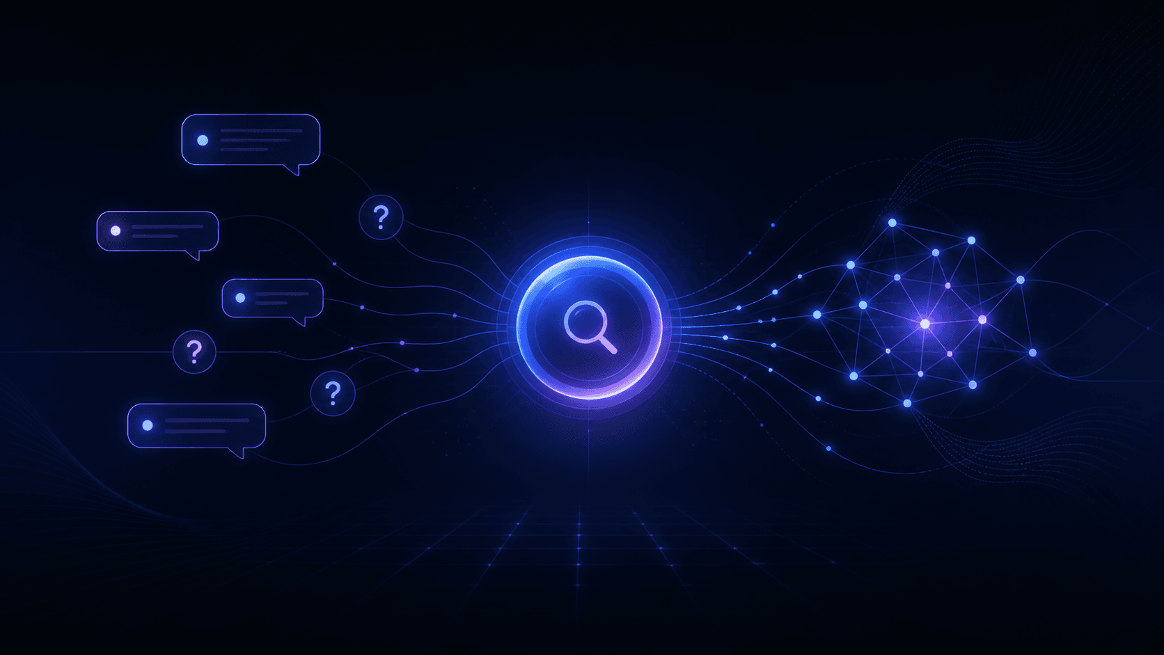 Futuristic dark-mode illustration of prompt-oriented keyword research, showing conversational question bubbles flowing into a central search hub and transforming into a connected AI visibility signal network in blue and purple neon tones.