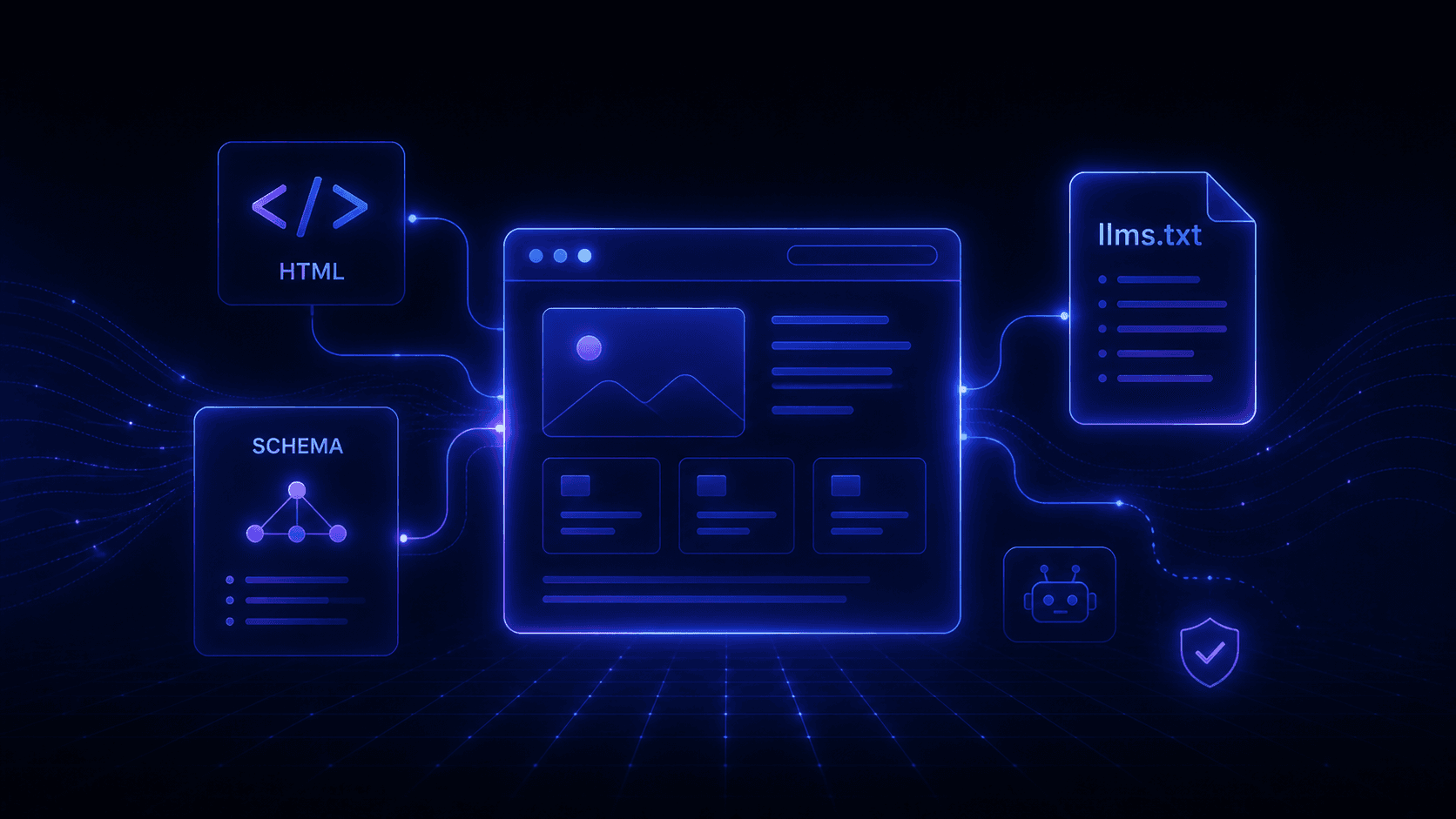 Futuristic dark-mode illustration of technical AI readiness, showing a central website interface connected to clean HTML, schema markup, llms.txt guidance, and AI crawler access in glowing blue and purple neon tones.
