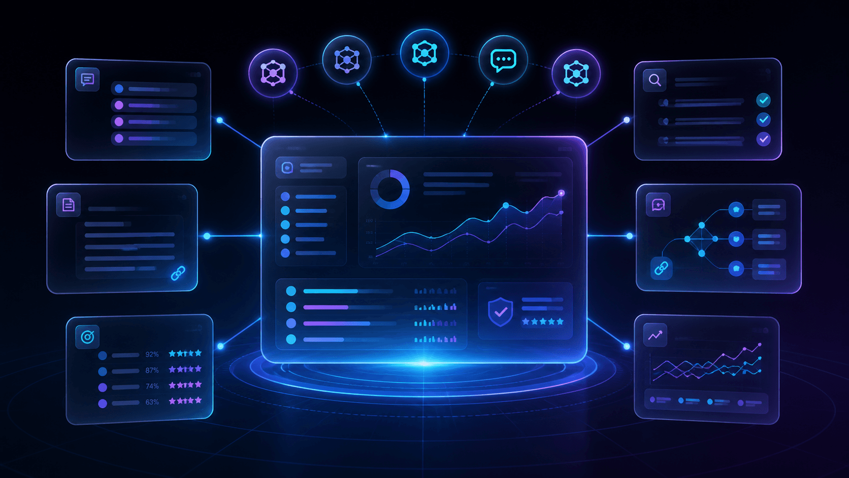 Futuristic dark-mode illustration of LLM mention tracking, showing a central analytics dashboard connected to multiple AI platforms, prompt signals, source panels, and performance metrics in glowing blue and purple neon tones.