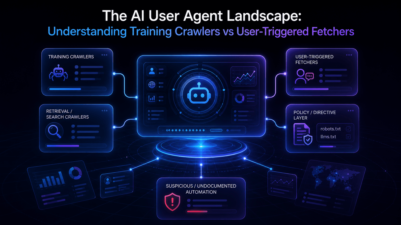 Futuristic dark-mode illustration of the AI user agent landscape, showing a central AI control dashboard connected to distinct categories of bots such as training crawlers, retrieval crawlers, user-triggered fetchers, policy directives, and suspicious automation in glowing blue and purple neon tones.
