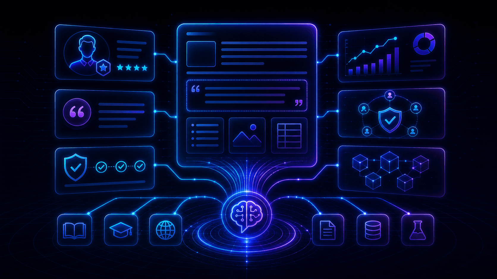 Futuristic dark-mode illustration of GEO-friendly authority content, showing a central content panel connected to author credibility, quotes, trust signals, statistics, structured data, and evidence sources in glowing blue and purple neon tones.
